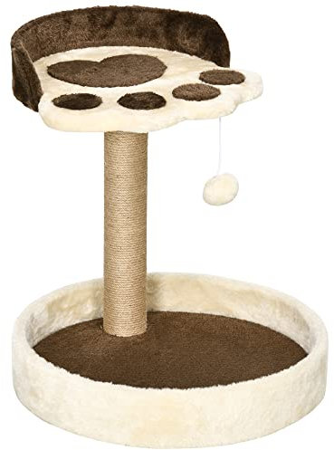 PawHut Arbre à Chat griffoir grattoir en Forme de Patte avec 2 Plateformes et Un Pompon Suspendu recouvert de Peluche - Marron