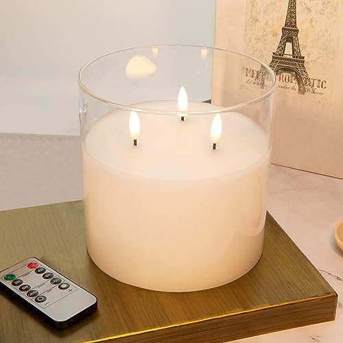 Eywamage 3 Wick Clear Glass Flameless Pillar Candle with Remote Timer, 6x6 Flickering LED Wax Battery Candle