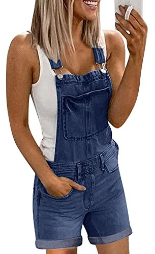 Jeans Latzhosen Für Damen Kurz Sommer Overall Jeanslatzhose Arbeitslatzhose Kurze Jeanshose Cargo Shorts Jeans Trägerhose Latzhose Blau Damen Mit Bündchensaum-Taschen Dunkelblau M