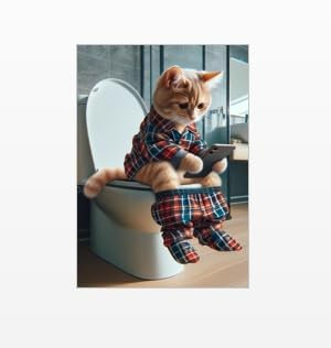 Parksmoonprints A4 Ginger Cat Sitting on the Toilet on a mobile phone - Funny Animal Print Kitten Picture Bathroom Wall Art Sign Loo Ensuite Sign