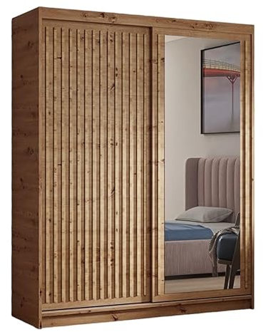 MRGROUP Kleiderschrank Dart mit Lamellen und Spiegel inklusive 2 Schiebetüren Schwebetürenschrank ((Artisan, Artisan, Lamelle Artisan), 100 cm)