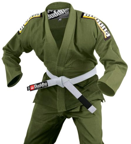 Buddha Fight Wear Kimono Premium Infinity brasilianischer Jiu Jitsu BJJ Gi mit weißem Gürtel, Unisex, Erwachsene, kaki, A1