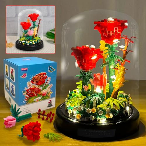 Allhero Flower Bouquets Building Sets with LED String Light and Dust Cover, Rose Bouquet Building Block Gifts for Mothers Day, Valentines Day, Birthday, Anniversary, Christmas