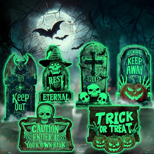 Pourbibi Halloween Deko Outdoor, 6 Stück Halloween Grabstein Deko, Fluoreszierender Grabstein Friedhof Deko Requisiten, Halloween Yard Signs Schild Deco, Simulation Halloween Grabstein