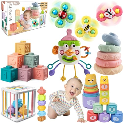 ELLECK Babyspielzeug 6-12 Monate, Montessori Spielzeug für Kleinkinder von 1 bis 3 Jahren, Badespielzeug aus belegtem Eimer, stapelbare 6-in-1-Ringe, Drehspielzeug mit
