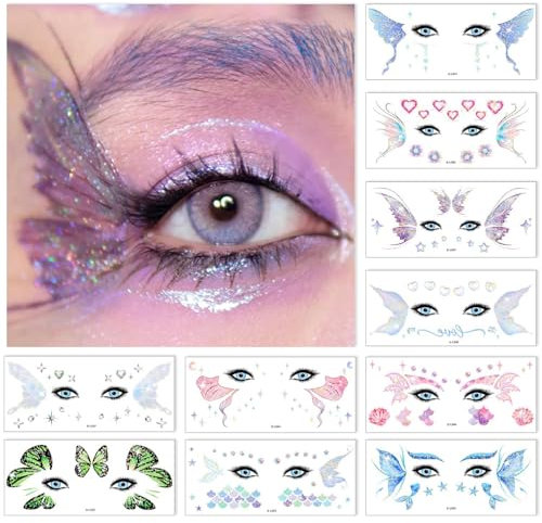 BelleVive 10 Blatt Glitzer-Feen-Make-up-Set, Zubehör für Frauen, Schmetterlingsgesicht, temporäre Tattoos, Aufkleber für die Augen, Prinzessin, Rave-Party, Gastgeschenke