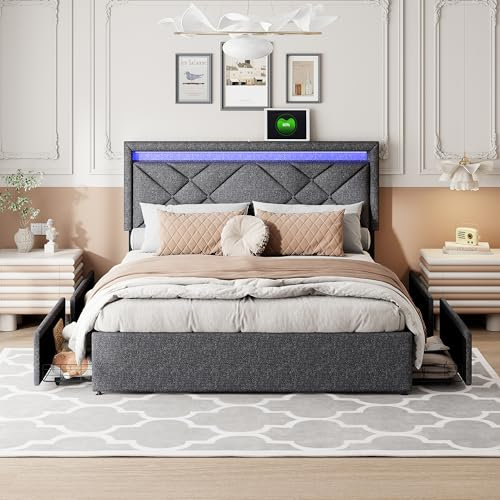USROCAS Doppelbett 140x200 cm mit LED-Beleuchtung, Gepolstertes Bett mit 4 Schubladen und Kopfteil-Speicher, Ladegerät 2 USB und 1 Type-C, Leinen, ohne Matratze (Dunkelgrau)