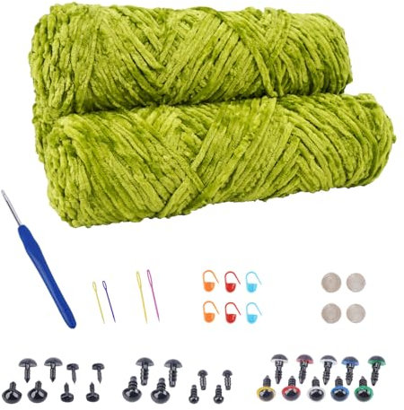 NAHUAA Chenille Wolle zum Häkeln 3 x 100g (3 x 150 m) Flauschige Wolle zum Stricken und Häkeln Kuschelwolle mit Häkelzubehör Weiche Plüschwolle für Decken Schals Kunsthandwerk, Grün