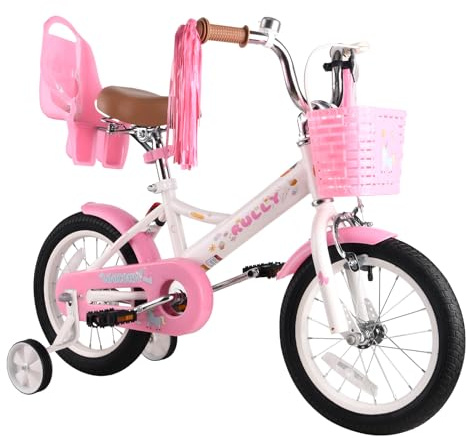 RULLY 12 14 16 Zoll Kinderfahrrad für 2-7 Jahre Mädchen mit Stützrädern & Handbremse vorne, Korb, Streamer, Lila Rosa, Weiß