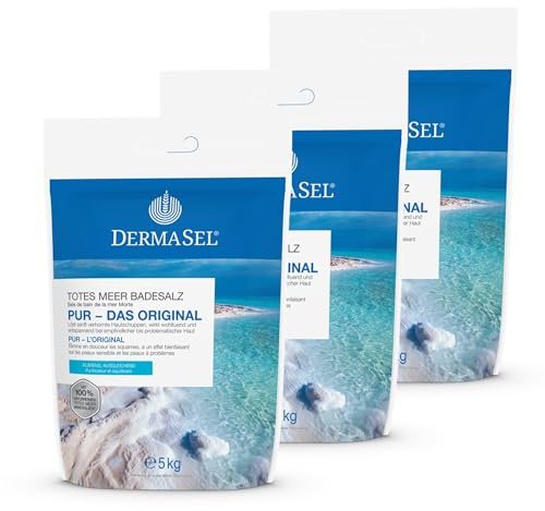 DermaSel® Totes Meer Badesalz Pur | Das Original | 3x 5 kg | Meersalz fürs Bad, klärende Mineralpflege, für trockene, empfindliche Haut, ohne Zusätze, dermatologisch geprüft