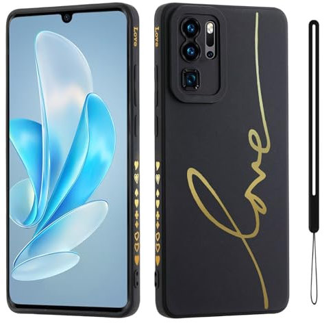 HAONANDE Handyhülle für Huawei P30 PRO, Süße Gold Liebesherz Glitzer Bling Schutzhülle für Frauen Mädchen mit Handschlaufe Kameraschutz,Niedliche Slim Case Schwarz