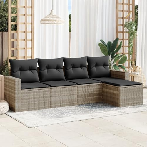 Verderoom Rattan Gartenmöbel Set mit Stauraum Polyrattan Lounge Balkon Lounge Sitzgruppe Outdoor Gartensofa Ecksofa Rattansofa Balkonmöbel-Hellgrau-5-tlg