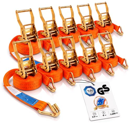 10 Stück Spanngurte 6m x 2000kg mit Ratsche und Haken - 35mm Zurrgurte mit Ratsche - Orange Ratschengurt für Ladungssicherung - TÜV/GS geprüft nach DIN EN 12195-2 - KODIAK STRAPS