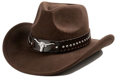 Boarle Western Cowboy Hut, Braun, Unisex | Einzigartiges Bullenkopf-Zubehör, Distressed-Kanten, Outdoor-Sonnenschutz, Wolle Filz, Lederriemen