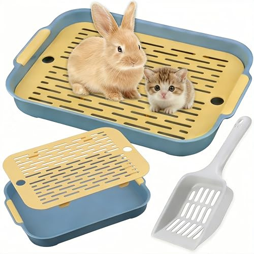 Kaninchen Toilette mit Schaufel, Kaninchentoilette 37 x 24 x 5 cm, Tablett Hasentoilette, Kaninchenklo, Kleintier Klo für Hasen Meerschweinchen Hamster，Blau – mit Schaufel
