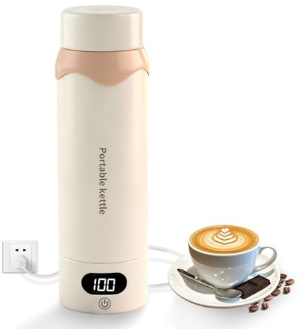 YOIDOO 450 ml Reisewasserkocher Klein 4 Temperatureinstellungen, Reise-elektrischer Wasserkocher, Doppelschicht 304 Edelstahlliner Heizungsisolierungsbecher (Cream)