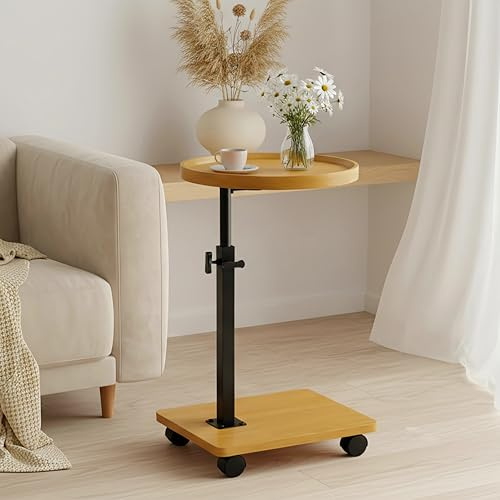Bohodiy C-Tisch-Beistelltisch, höhenverstellbar, C-förmiger Beistelltisch für Couch, um 360° drehbar, TV-Tablett, Couchtische, die darunter geschoben Werden können (Rund – Original Holzfarbe)