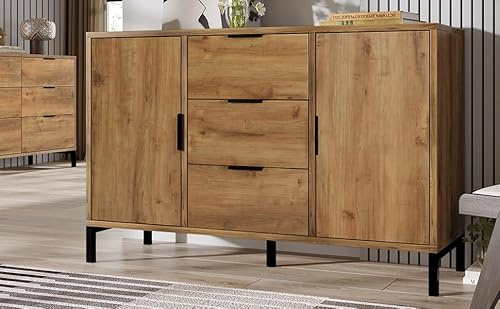 Générique Kommode mit 2 Türen und 3 Schubladen, 120 x 40 x 76 cm – Eiche dunkel | Beistelltisch mit verstellbarem Regal, Highboard für Schlafzimmer und alle Wohnräume