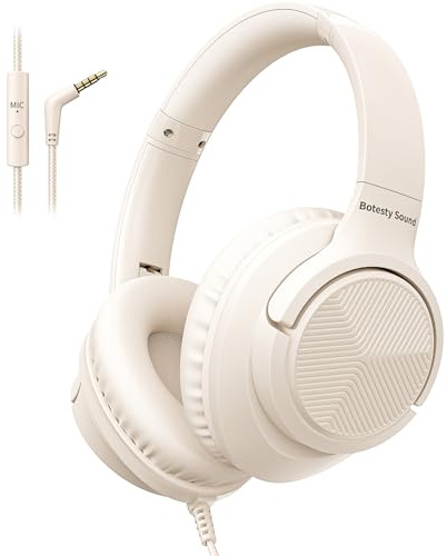 Wired Headphones with Microphone, 3.5mm Corded Headphones for School, Beige | Wired Over Ear Foldable Plug in Headphones, 4.9ft Tangle-Free Nylon Cord for School, Tablet, Laptop, MP3/4, Airplane Travel