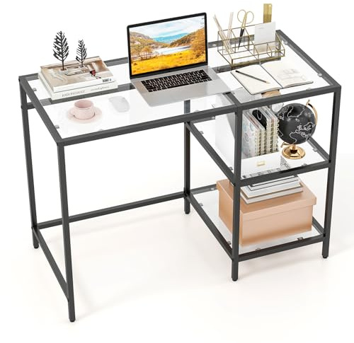 COSTWAY Bureau Informatique en Verre Trempé avec 2 Étagères (Noir) | Table d’Ordinateur Moderne Cadre Métal, Bureau Compact avec avec 2 Étagères, pour Chambre, Étude, Salon