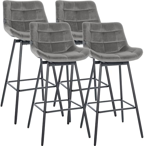 CLP Barhocker 4er Set mit Lehne Weston, Barstuhl drehbar 180° Schwenkfunktion, gepolsterter Sitz, stabiles Metallgestell, Farbe:grau, Material:Samt