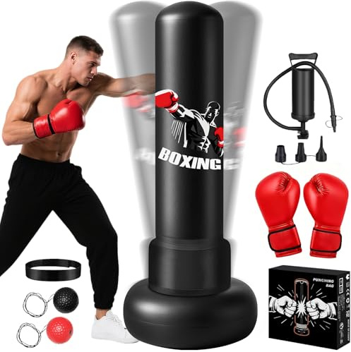 Ninonly Sac de Frappe Adulte 190cm Sac de Boxe Autoportant avec Gants de Boxe, Pompe et Balle de Réflexe,Hommes,Femmes et Débutants,pour Boxe,Kick-Boxing,Arts Martiaux,MMA Poing Serré