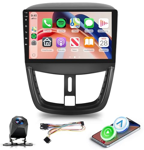 Hodozzy Autoradio pour Peugeot 207 2005-2015 avec CarPlay sans Fil Android Auto, 9 Pouce Touchsreen avec Bluetooth/RDS Radio/SWC/GPS/Youtube/USB/V-Link/+Caméra de Recul