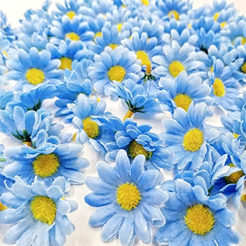 JZK 100 x Künstliche blau Handwerk Gerbera Daisy Gänseblümchen Stoff Blumen Köpfe, Hochzeit Party Tisch Scatters Konfetti, DIY Scrapbook Zubehör, Einladung Karte Dekoration