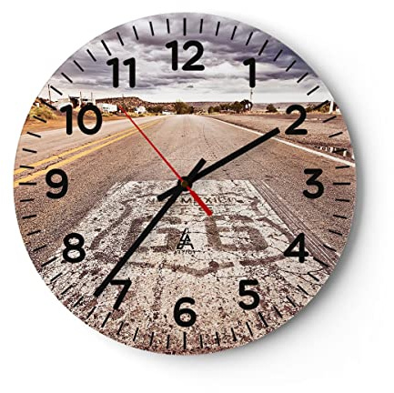 Modern Wanduhr USA Route 66 Reise 40x40cm Rund Groß Wand Uhr Glas Analog Zimmeruhren Küche Büro Wohnzimmer Glasuhr Wall Clock Dekoration Design Wanddekoration Küchenuhr C4AR40x40-2712