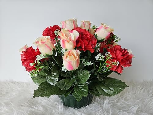 roselynexpress Composition de Fleurs Artificielles, Lesté Ciment pour Une Très Bonne Tenue à L' extérieur. Réalisé par Nos Soins, Fleurs de Qualité.