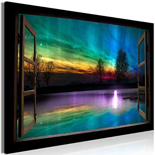 decomonkey Bilder Polarlicht Fensterblick 120x80 cm 1 Teilig Leinwandbilder Bild auf Leinwand Vlies Wandbild Kunstdruck Wanddeko Wand Wohnzimmer Wanddekoration Deko Fenster Natur