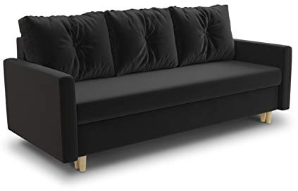 Schlafsofa Rico - Couch mit Schlaffunktion Sofa mit Bettkasten Bettfunktion Bettsofa Skandinavisch Polstergarnitur Bonell-Ferderkern Velours (Schwarz (Kronos 07))