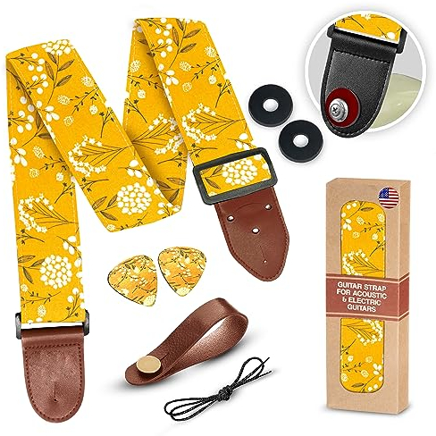 Gitarrengurt für Akustikgitarren, E-Gitarren und Bass, Weihnachtsgeschenk & Strumpffüller, inklusive 2 Plektren + Gurtschlösser + Gurtknopf verstellbarer Gitarrengurt, bestes Geschenk für Gitarristen