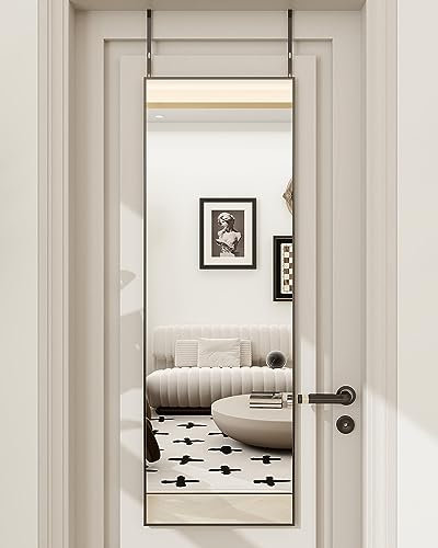 BEAUTYPEAK 14 x 48 Adjustable Height Over The Door Mirror, Rectangular Full Length Hanging Door Mirror with Shatterproof Tempered Glass Aluminum Alloy Frame for Dormitory, Black