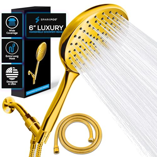 SparkPod Handheld Shower Head with Hose, High Pressure, 6 Inch Rain Shower Head, Extra Long 6 Feet Hose and Adjustable Bracket, Luxury Shower Heads - 1 Minute Installation (Egyptian Gold)