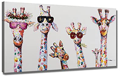 ZHONGYUTONG Graffiti Leinwand Kunstdruck mit Rahmen Giraffe Familie mit Brille Wanddekoration Buntes Tier Bild Poster Lustige Gemälde für Kinderzimmer (30x60cm)