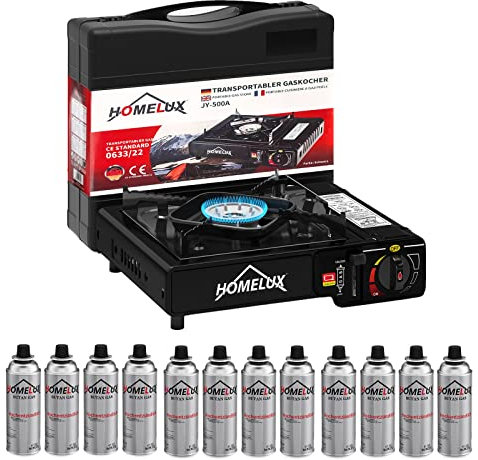 HOMELUX Gaskocher mit 12 Gaskartusche, Campingkocher 2,2 KW, inkl. Aufbewahrungsbox, Campingkocher Set, Camping Gaskocher, Kartuschen-Kocher für im Outdoor
