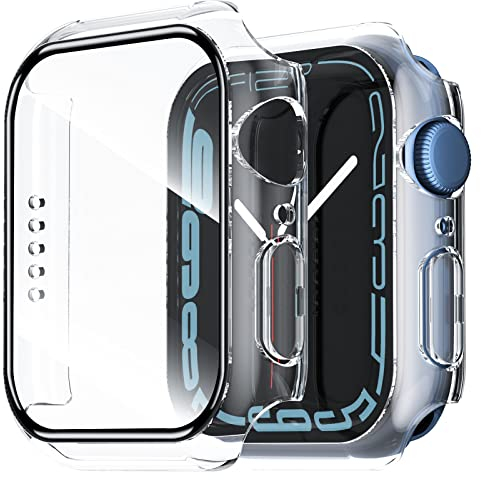 NEW'C 2 Stücke Hülle mit Glas Displayschutz für Apple Watch Series 8/7 41mm - Overall PC Case Slim Hartglas Displayschutz Schutzhülle für Apple Watch 41mm Serie 8/7 - Transparent