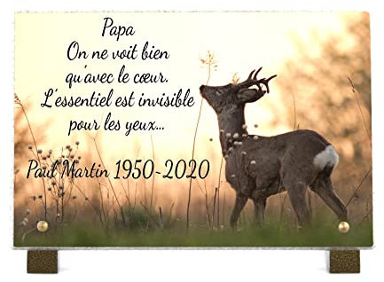 PHENIX | Plaque Funéraire Nature, Plaque Funéraire Chasseur Personnalisable en Pierre (18x12 cm) - Plaque mortuaire - Texte 100% Personnalisable - Résistante aux Intempéries - Chevreuil & Nature