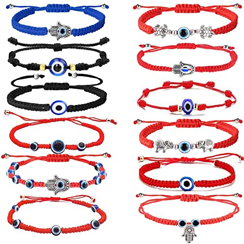 Xinlie 12 Stück Evil Eye Armband Blau Böser Blick Rotes Seil Armband Türkisches Auge Armband Glücksarmband,Handgefertigt,Verstellbar,Schutz Gegen den Bösen Blick,für Damen und Herren Geeignet