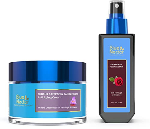 Blue Nectar Anti-Aging Cream (50g) + Rose Water Spray (100ml) | Collagen Boost & Hydration | 14 Herbs & Pure Steam Distilled Toner | For All Skin Types