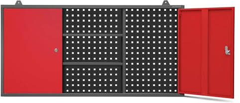 Jan Nowak Hängeschrank Werkzeugschrank Werkstattschrank Metallschrank Lochwand 2 verstellbare Fachböden 2 Fächer 120 cm x 60 cm x 20 cm (Anthrazit-Rot)