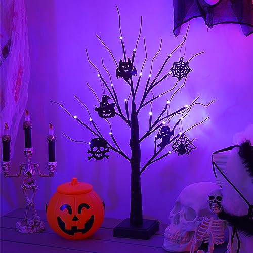 Halloween Deko Lichterbaum Lichterzweige für Innen 24 Warmweiß LEDs Bäumchen Birken Dekozweige USB & Batteriebetrieb Weihnachtsdeko für Zuhause Party Geburtstag Hochzeit Innendeko (Schwarz+6 Holz)