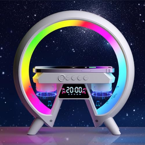 Piashow LED Nachttischlampe mit Ladefunktion, G lampe Atmosphärenlampe Stimmungslicht Tischlampe RGB Nachttisch Lampe mit Bluetooth Lautsprecher Wecker, Touch Dimmbar