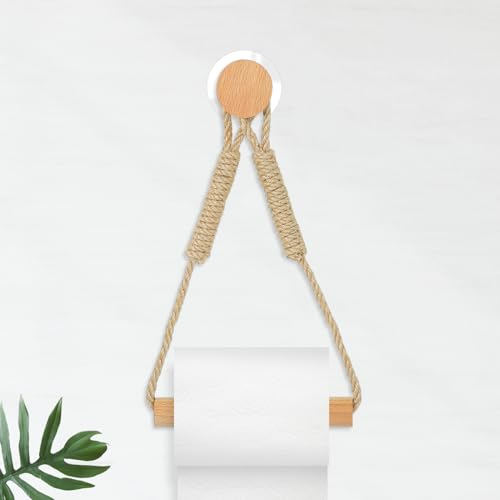 Wood Rope Wall Toilet Paper Holder Nautical Rope Towel Ring Rustic Tissue Rolls Paper Holder Wall Mounted, Nautical Rattan Bathroom Accessories with Self-Adhesive Seamless Screw