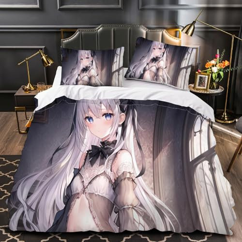 LILALI Bettwäsche 155x220 Mädchen Manga Bettwäsche-Set 3Teilig Bettbezug Set 155x220 mit Reißverschluss Japan Anime Teenager Jungen Mädchen Mikrofaser Bedding Set