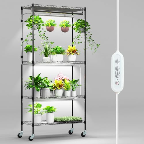Nedechom - Étagère pour plantes avec lampe de culture, étagère lumineuse de croissance en métal à 4 niveaux avec barre de suspension et étagère réglable, lot de 3 lumières LED à spectre complet 6000 K