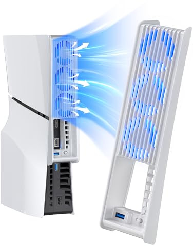 KIWIHOME Lüfter für PS5 Slim, 3 große Lüfter, Auto-Drehzahl, USB 3.0 | Für PS5 Slim Disc/Digital 2023 mit 1 Horizontaler Zierleiste. Nicht für PS5 2020 oder Pro 2024, Weiß