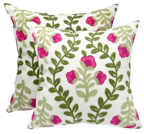 Alysheer - Juego de 2 fundas decorativas, de verano, 46 x 46 cm, estilo rústico, con bordado de flores rosa fucsia y hojas verdes, tela de algodón, decoración para sofá, cama y salón