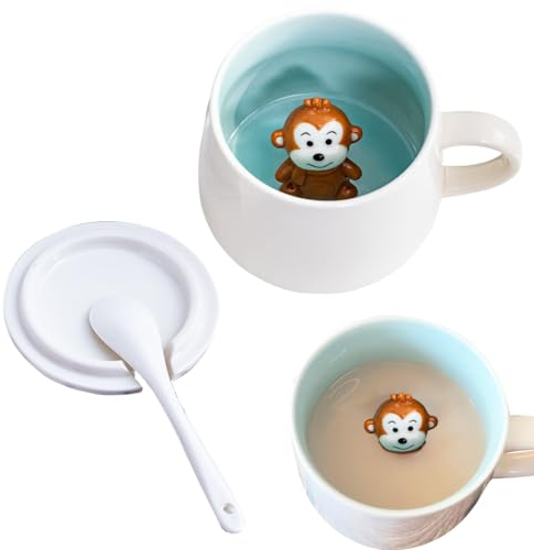 3D Tasse Mit Affe - Keramiktasse 350ml Mit 3D Tier, Teetasse Kaffeebecher Süße Becher, Tierbecher Mit Löffel